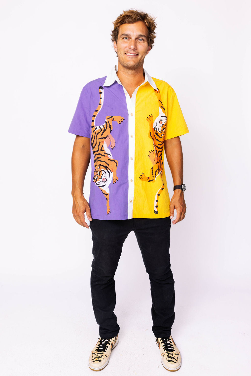 Licensed Men's Purple & Gold Crawling Tiger Button Up Shirt