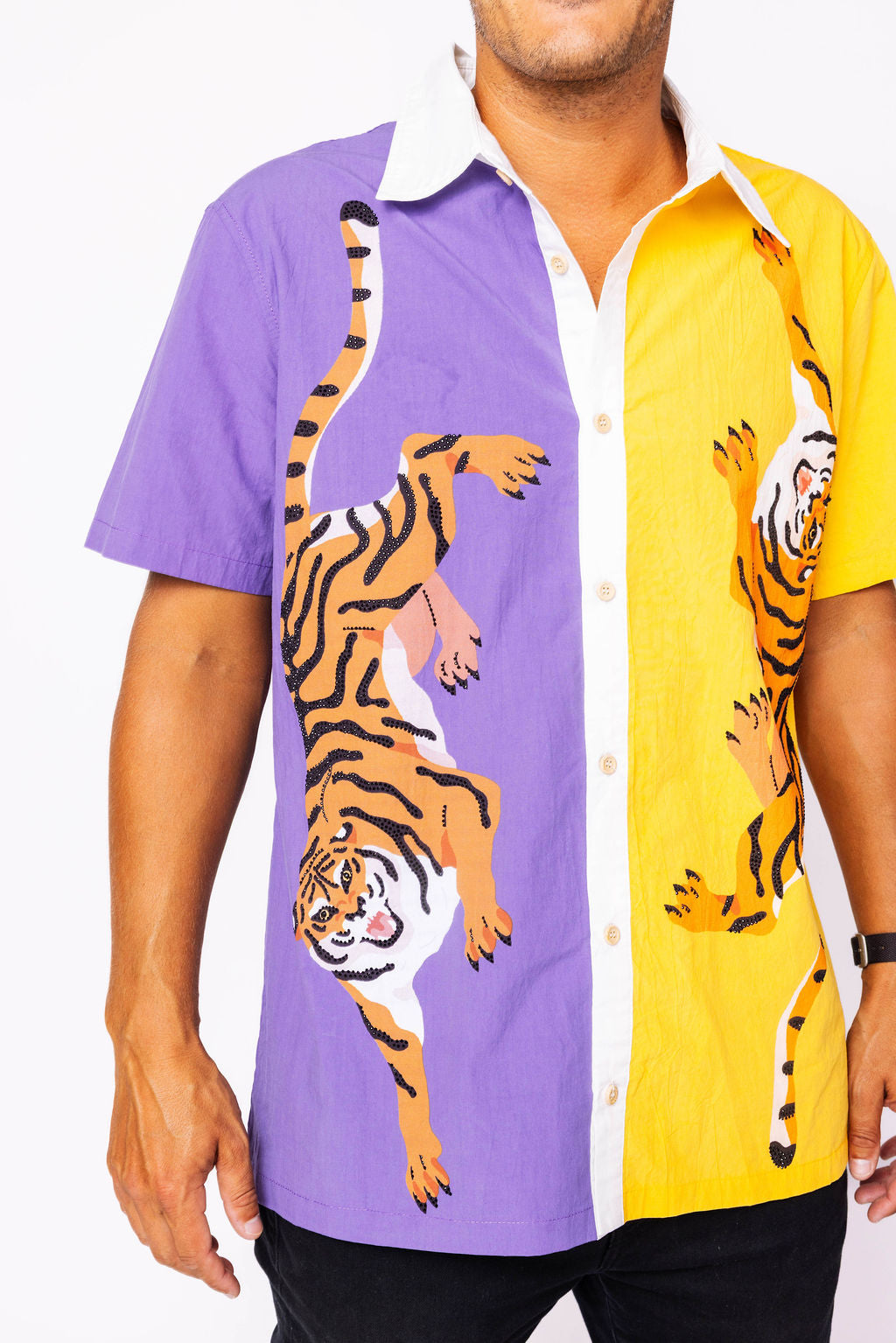 Licensed Men's Purple & Gold Crawling Tiger Button Up Shirt