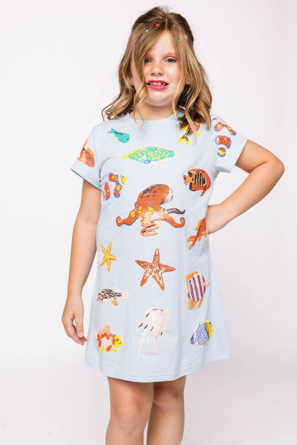 Kids Light Blue Under the Sea Creature Icon Tee Dress