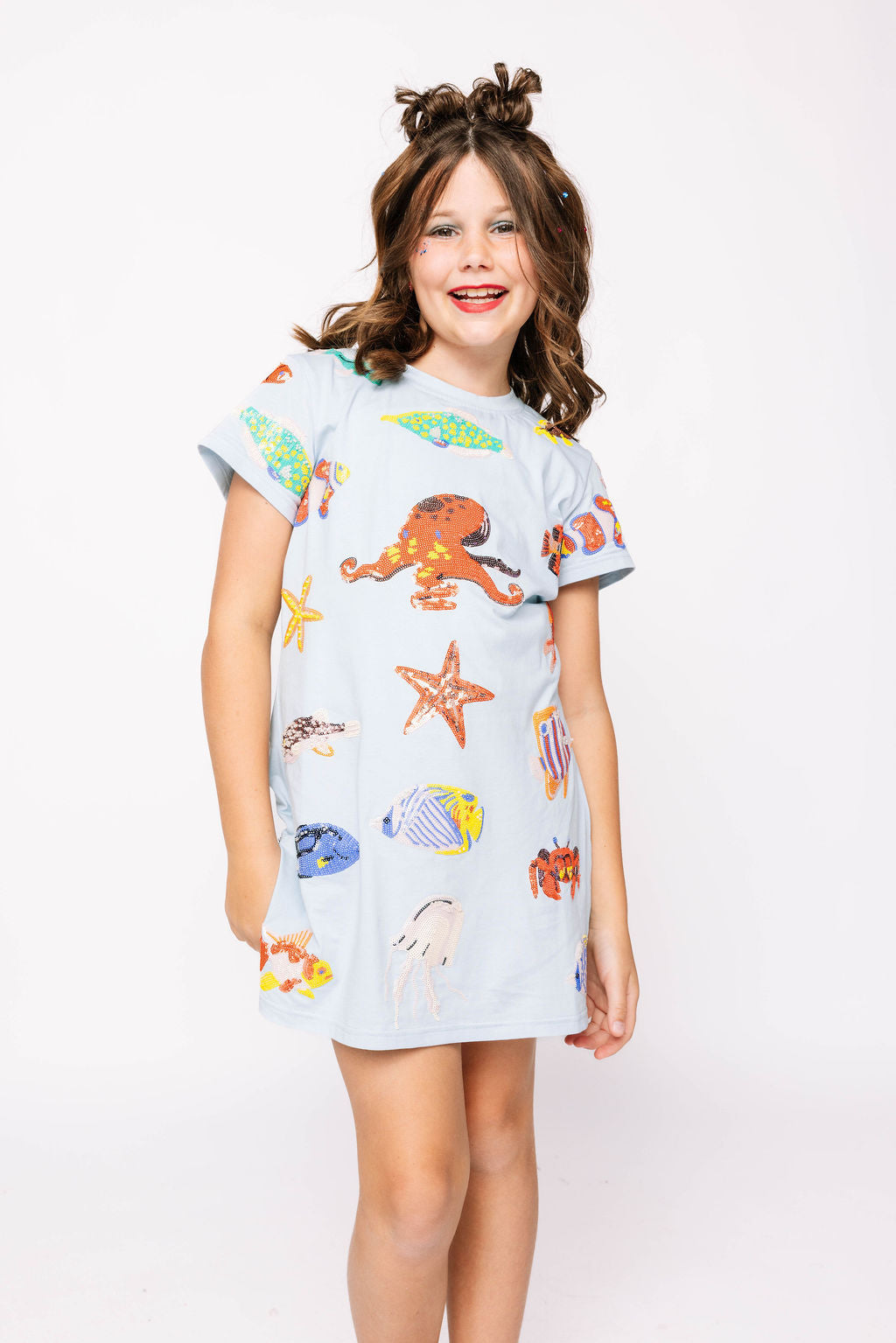 Kids Light Blue Under the Sea Creature Icon Tee Dress