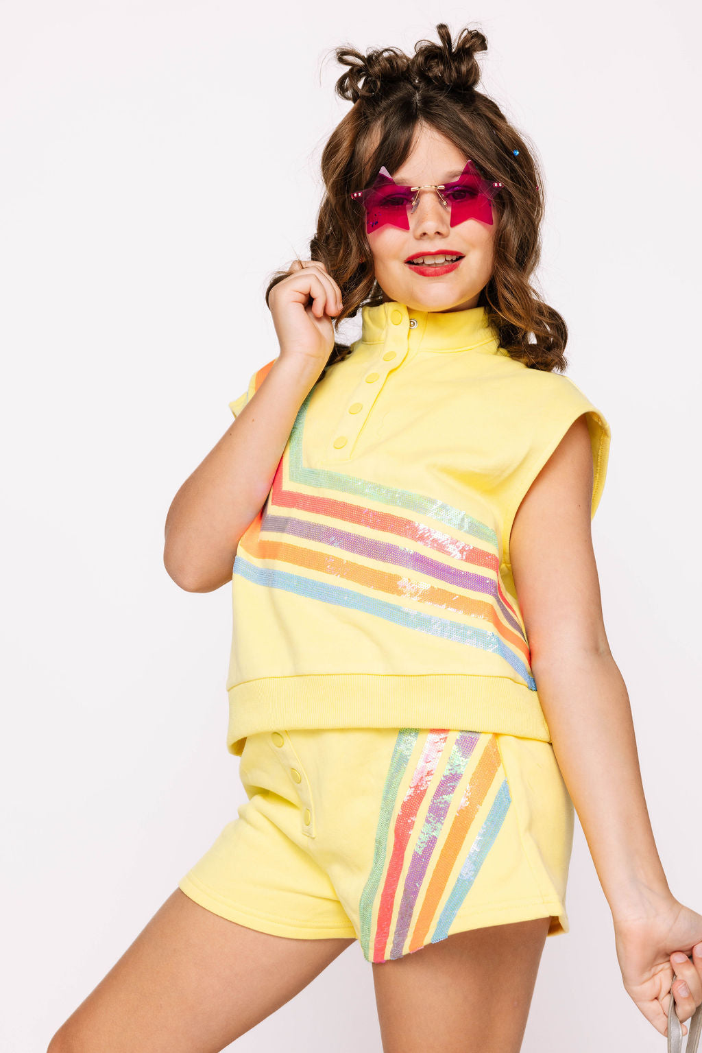 Kids Neon Yellow Diagonal Multi Stripe Henley Short
