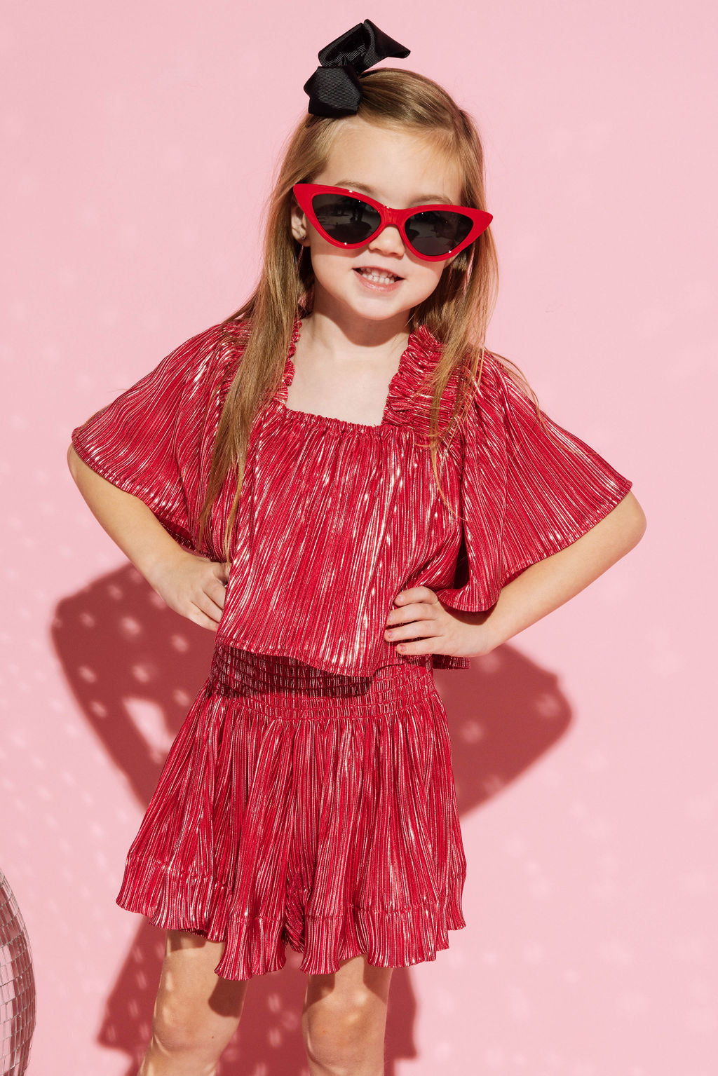 Kids Red & Silver Pleat Flutter Top