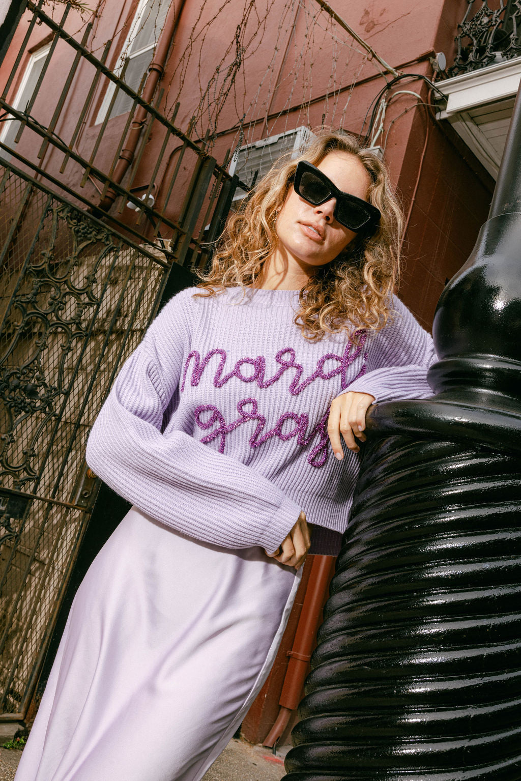 Lavender Mardi Gras Glitter Script Sweater