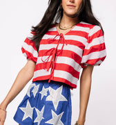 Red & White Stripe Cotton Poof Sleeve Tie Top