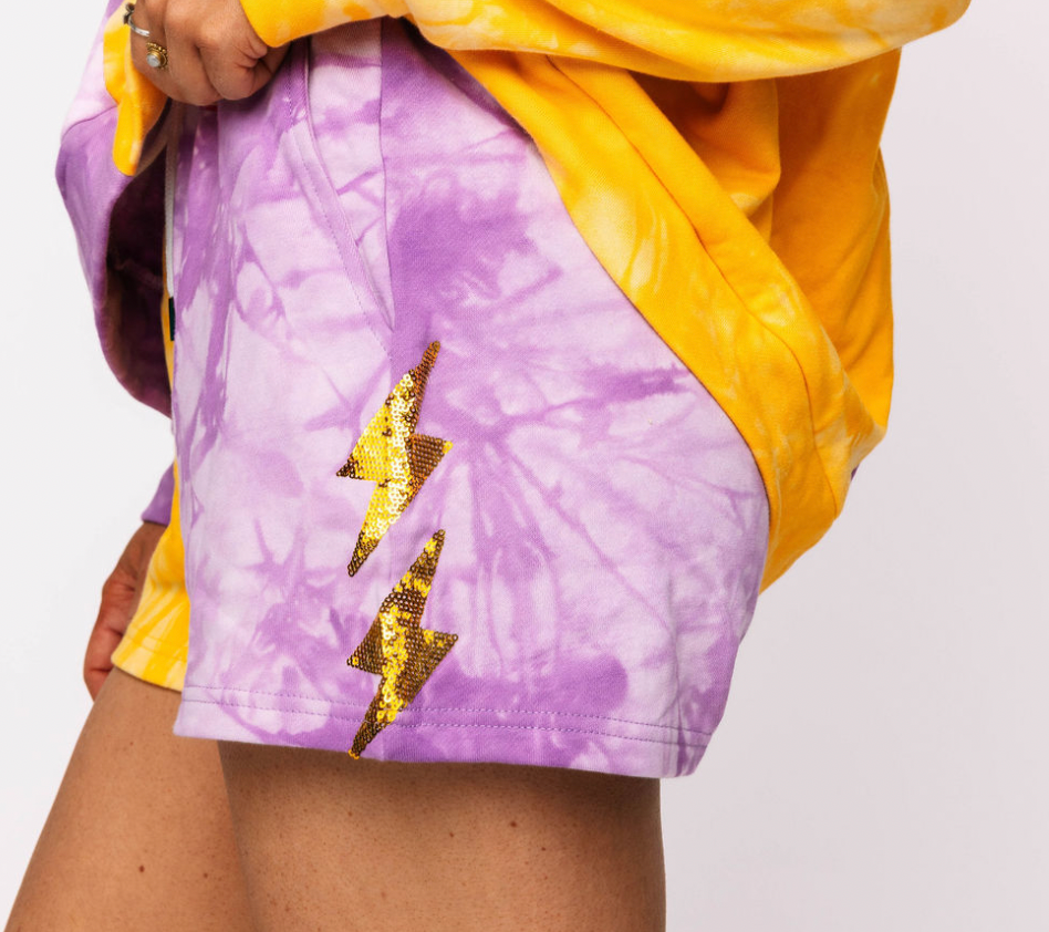 Purple & Gold Tie Dye Colorblock Lightning Short