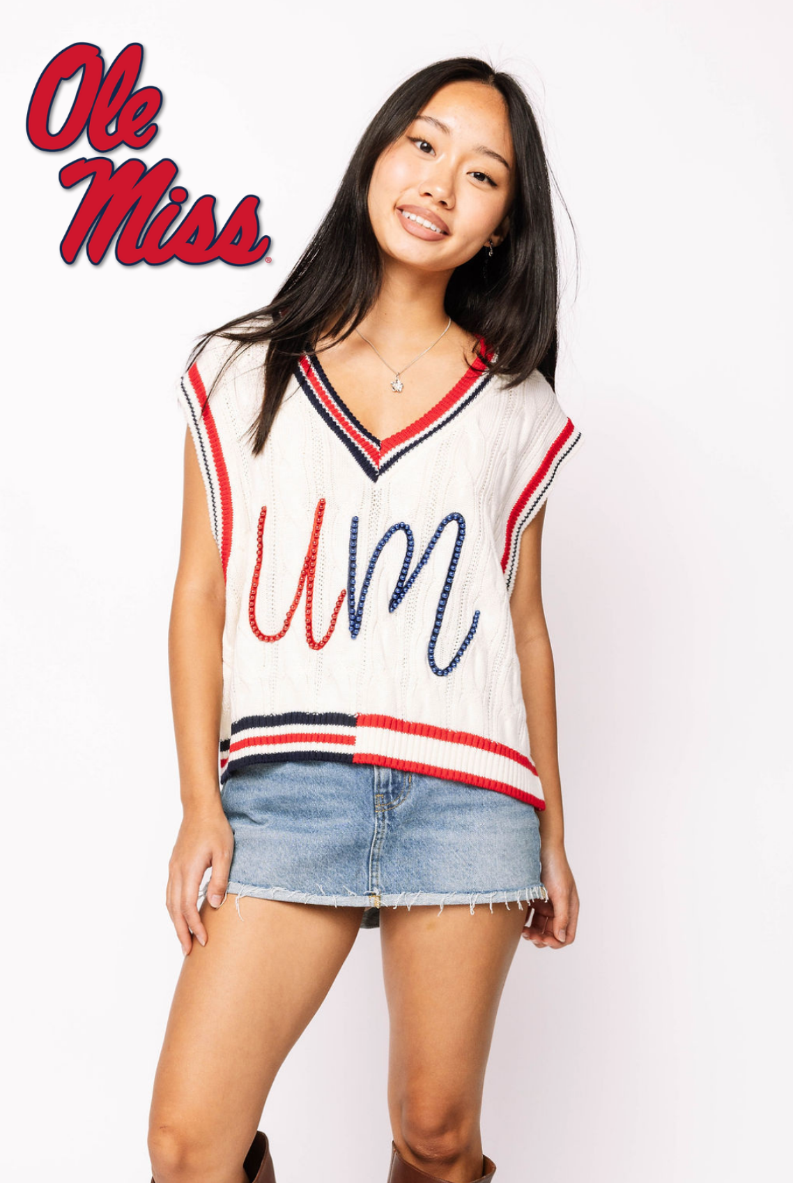 Licensed Sample - White, Red & Navy Pearl 'UM' V Neck Sweater Vest