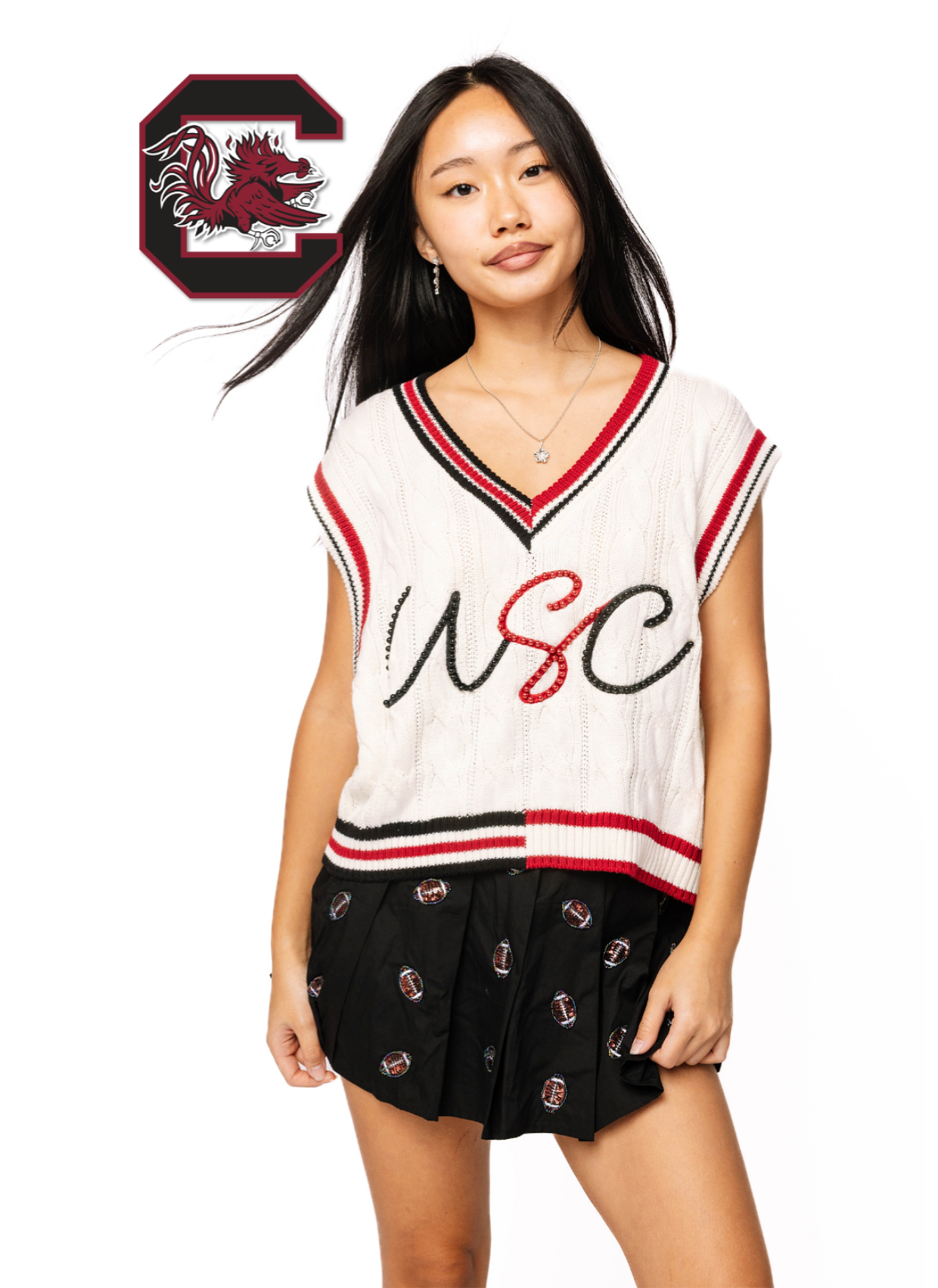 Licensed Sample - White, Garnet, & Black Pearl 'USC' V Neck Sweater Vest
