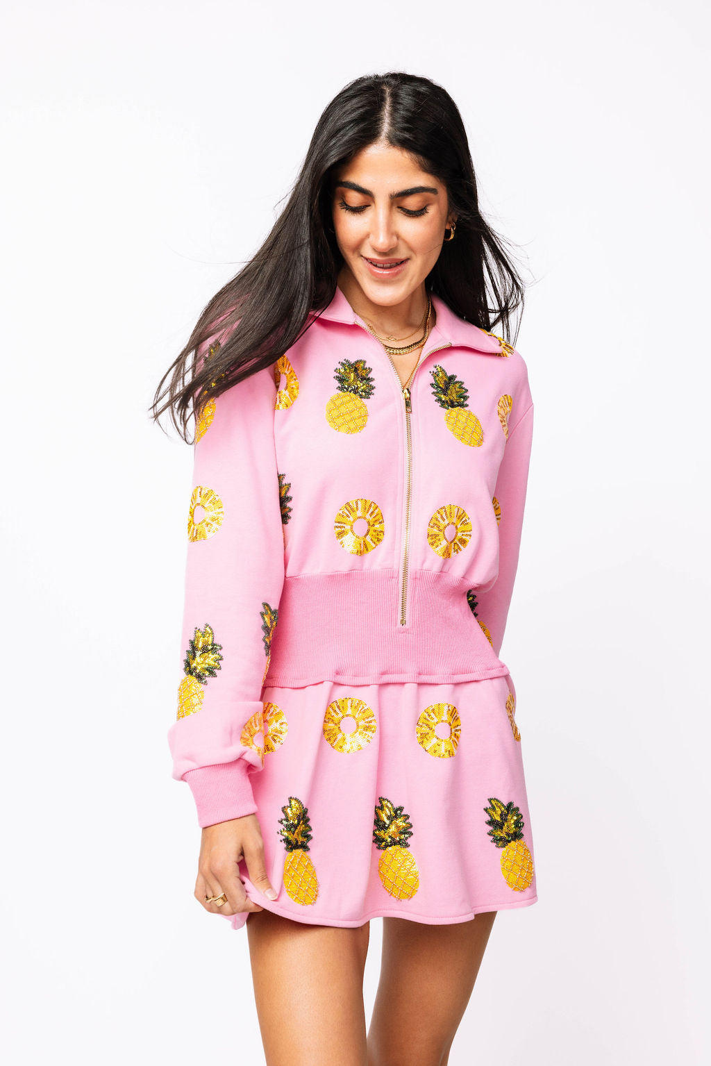 Sample- Pink Pineapple Smocked Zip Up Dress