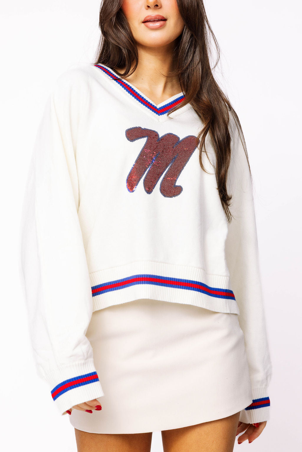 Licensed Ole Miss V Neck Striped Cuff LS Sweater With Small Mascot