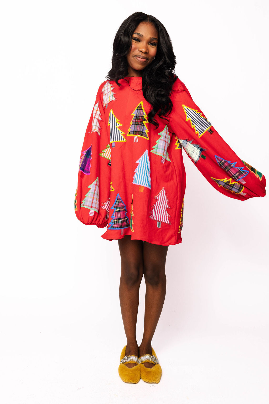 Red Multi Plaid & Stripe Christmas Tree Balloon Sleeve Dress