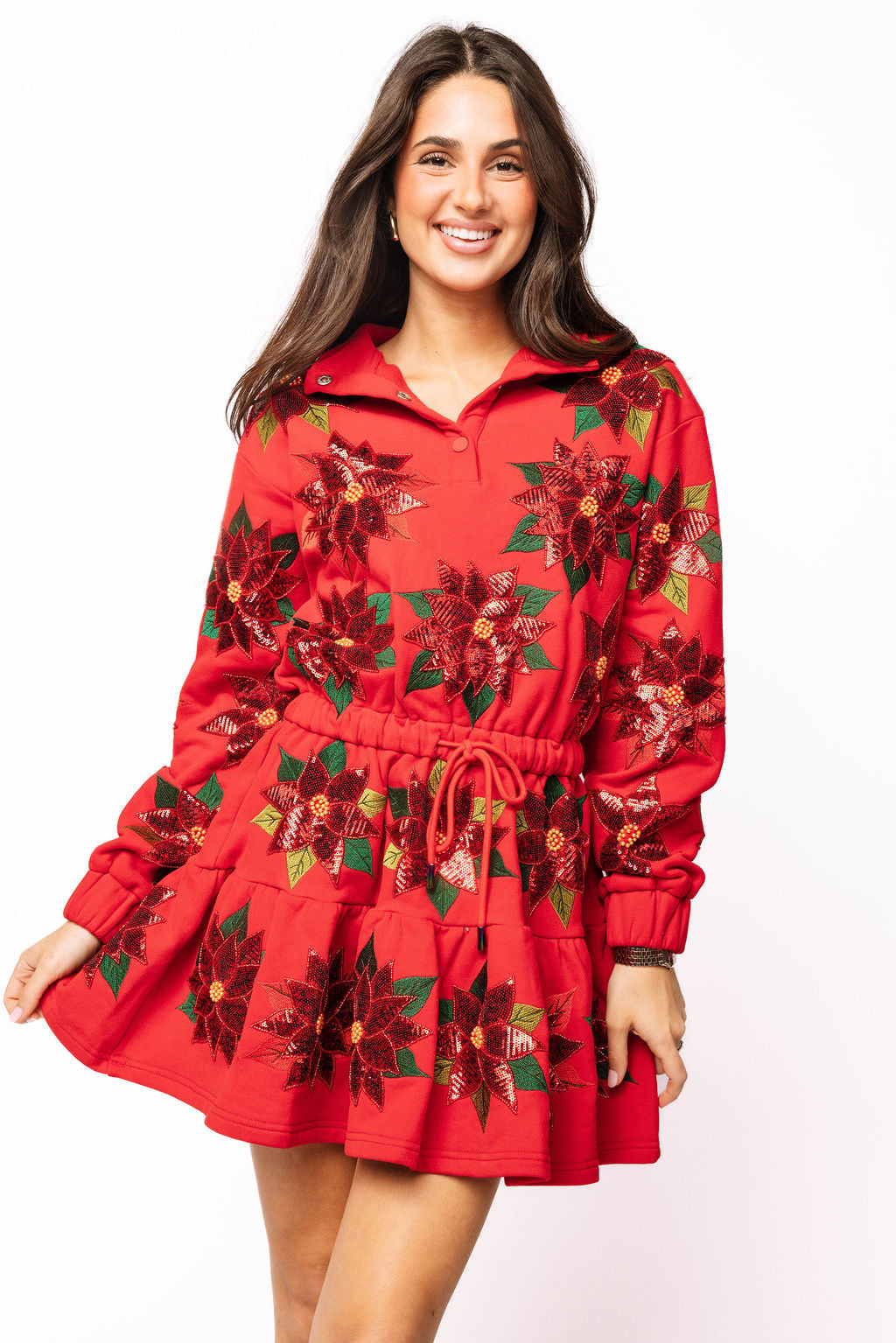 Red Poinsettia Button Up Mock Neck Tie Sweatshirt Dress