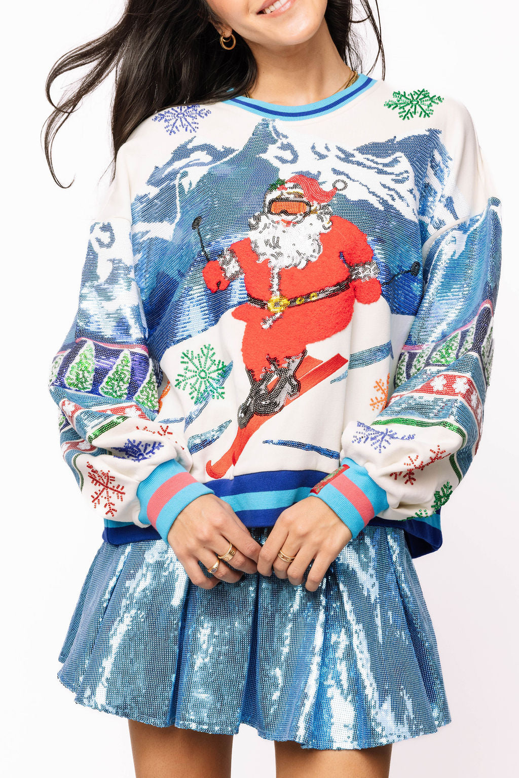 White & Blue Vintage Skiing Santa Sweatshirt
