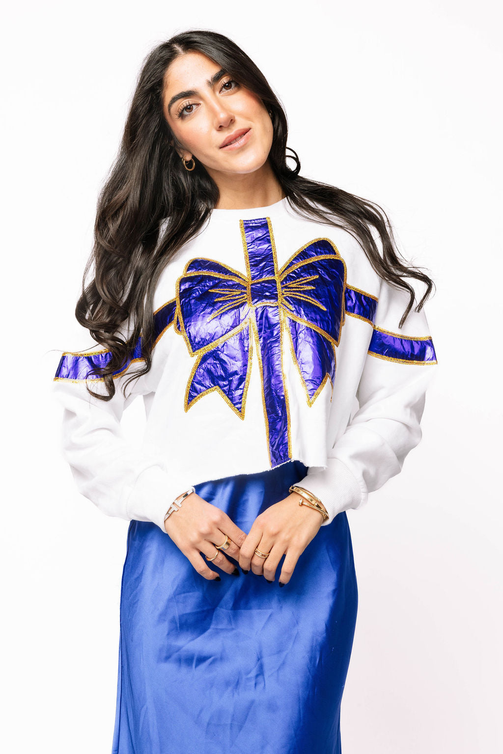 SAMPLE- White and Royal Blule Metallic Bow Sweatshirt