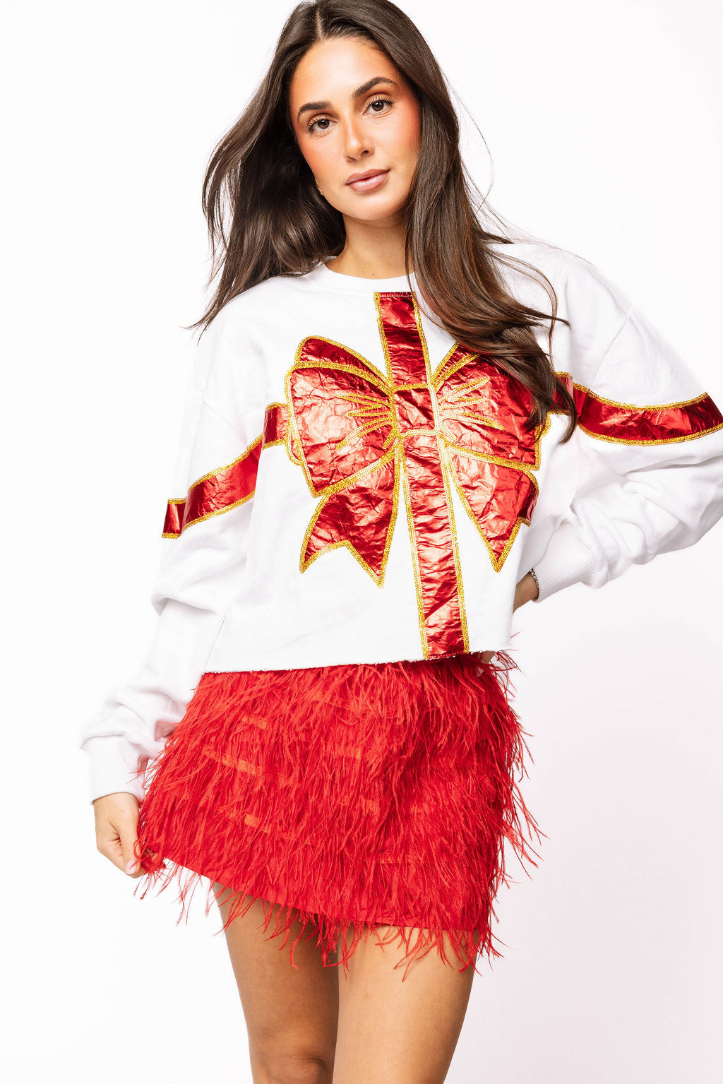 SAMPLE- White and Red Metallic Bow Sweatshirt