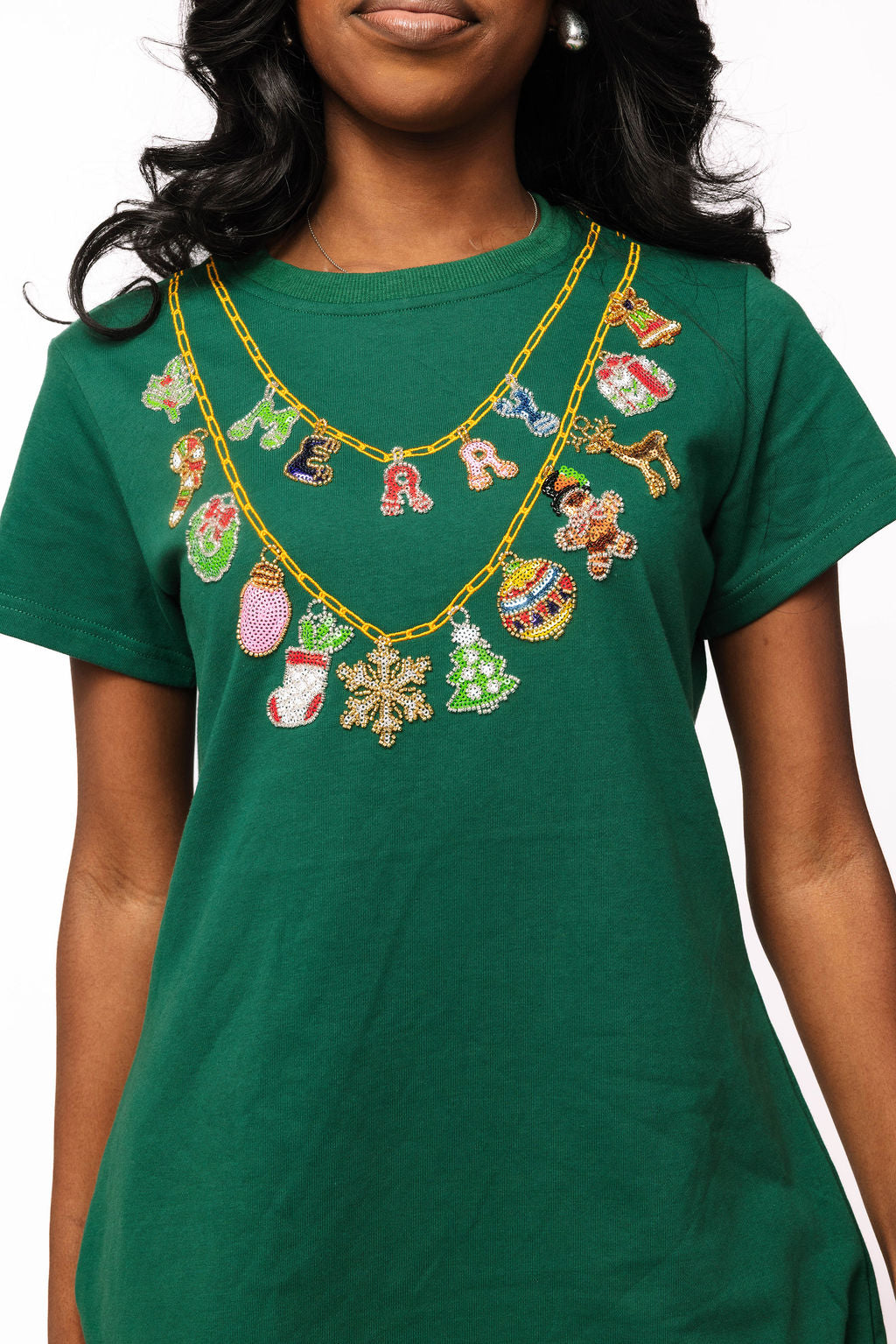 Dark Green Christmas Icons Necklace Tee Dress