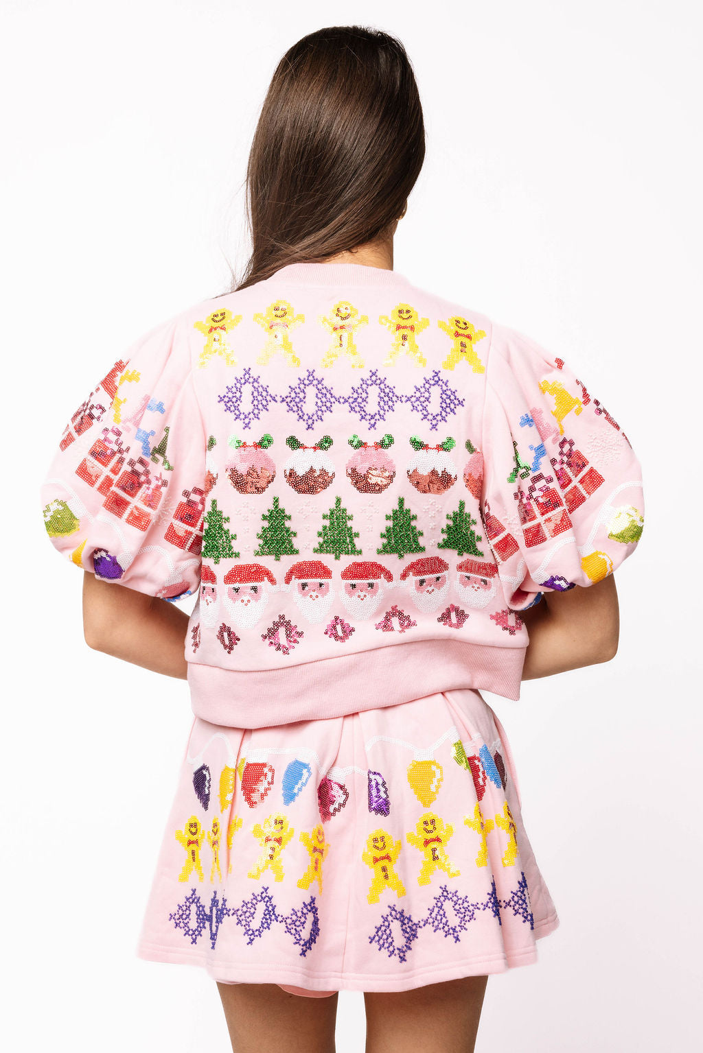 SAMPLE- Light Pink Needlepoint Icon Poof Sleeve Top and Skort Set