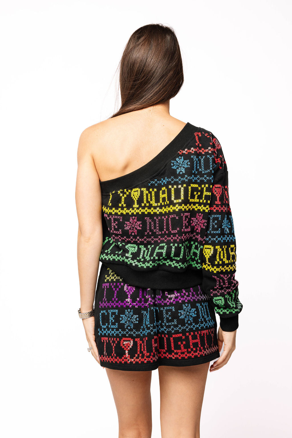 SAMPLE- Black Multi Needlepoint Naughty or Nice One Shoulder Top and Skort Set