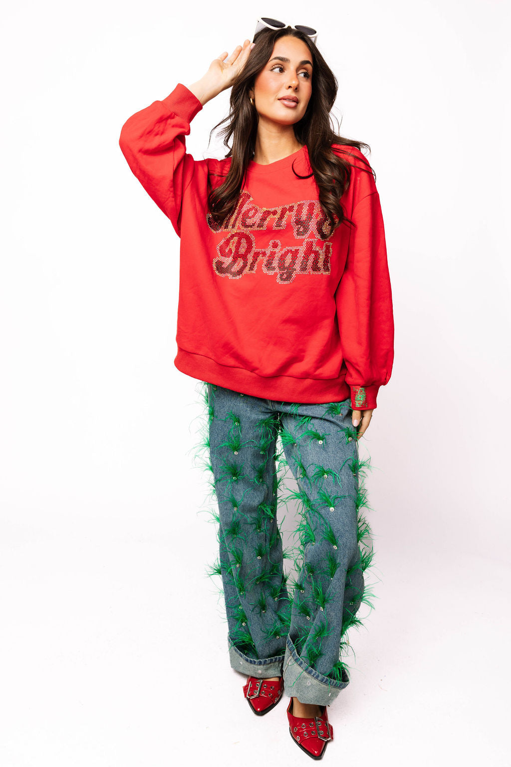 Red Rhinestone 'Merry & Bright' Sweatshirt