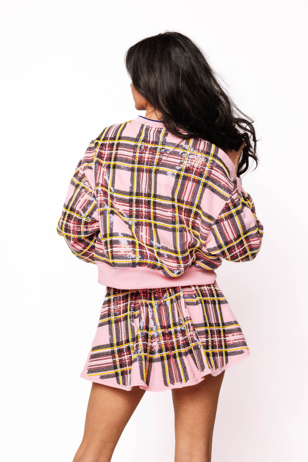 SAMPLE- Pink Plaid V Neck Sweatshirt and Skort Set