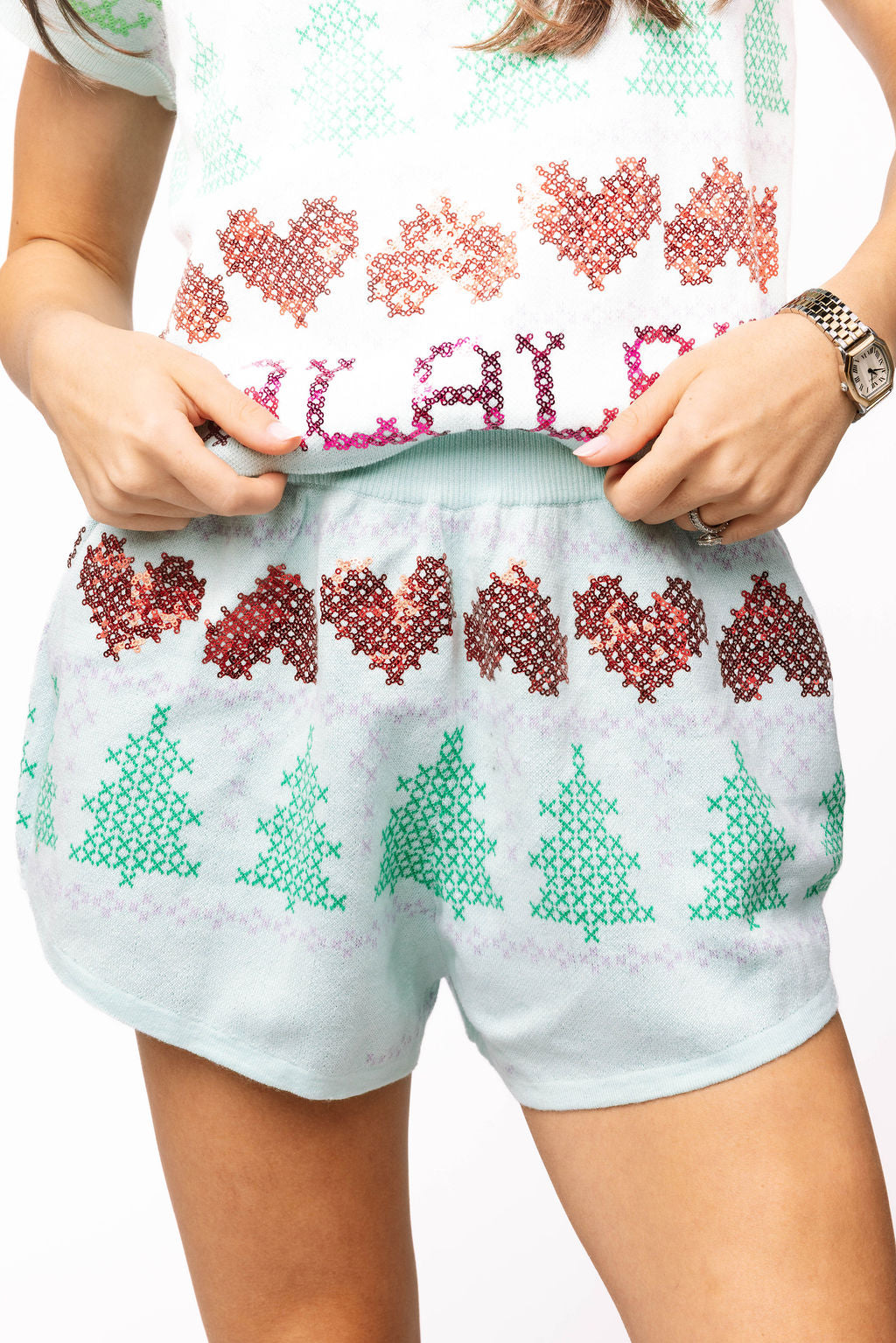 SAMPLE- Mint Needlepoint 'Falalala' Sweater Vest and Short Set