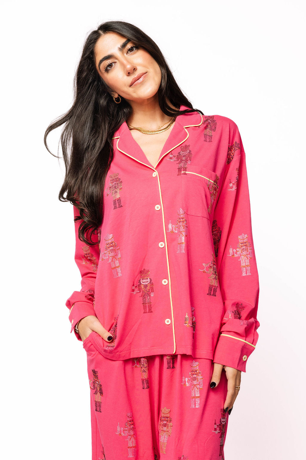 Hot Pink Serving Nutcracker Long Sleeve Pj Top