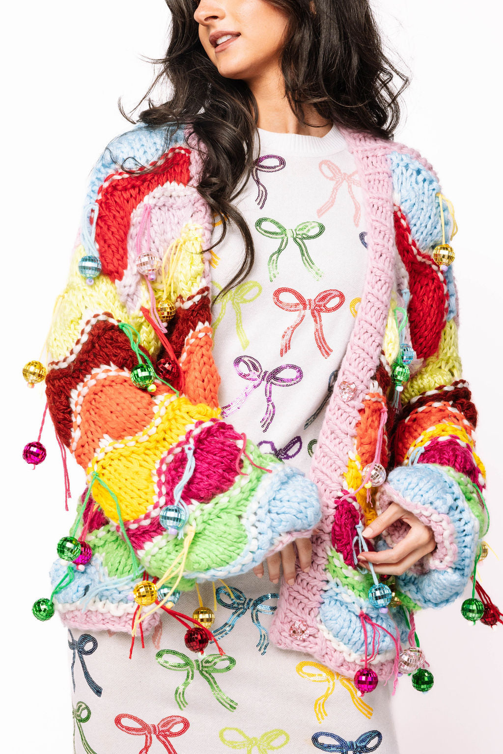 Rainbow Colorblock Fringe Disco Ball Ornament Cardigan