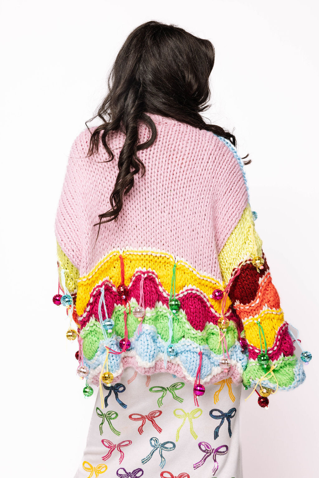 Rainbow Colorblock Fringe Disco Ball Ornament Cardigan