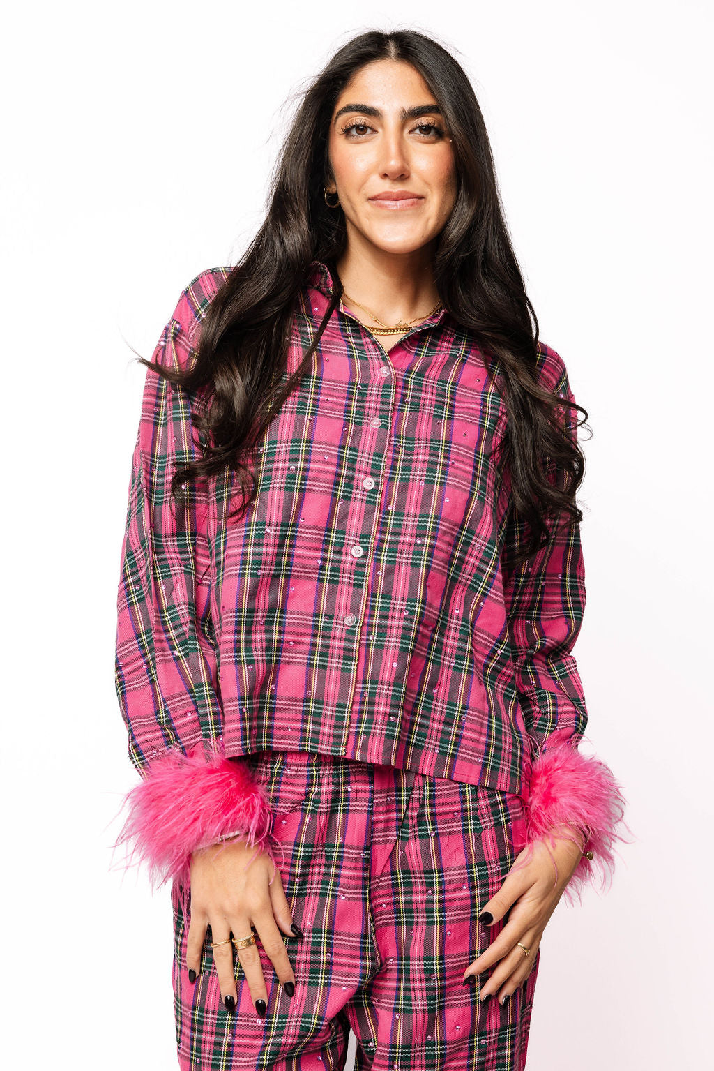 Pink Plaid Feather Sleeve Cotton Button Up Top