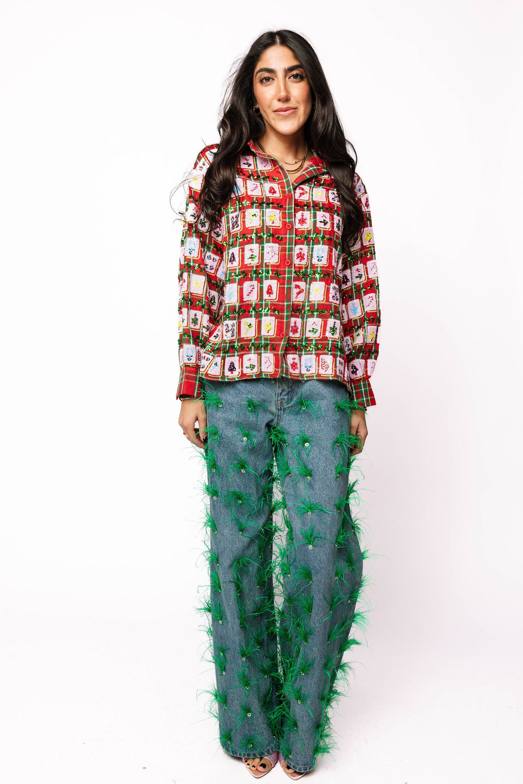 Red Plaid Mahjong Tile Button Up Top