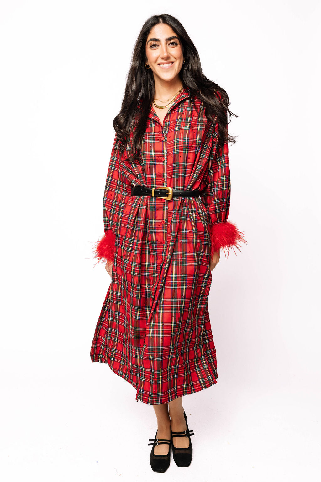 Red & Green Plaid Feather Sleeve Button Up Midi Dress