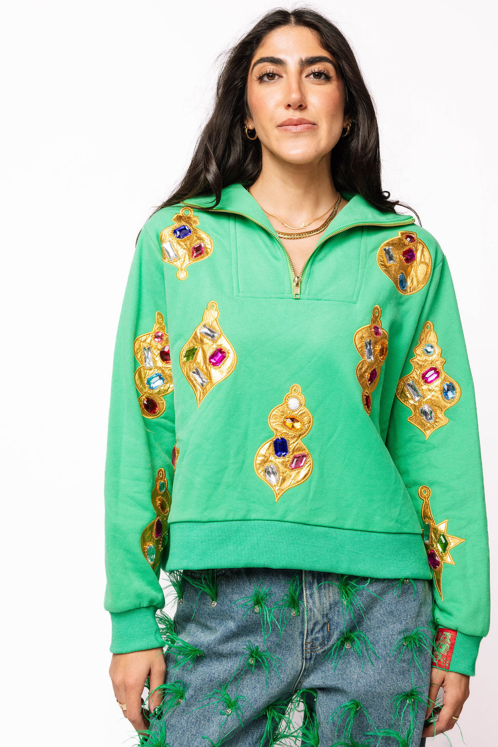 Green & Gold Jeweled Ornament Collar Sweatshirt