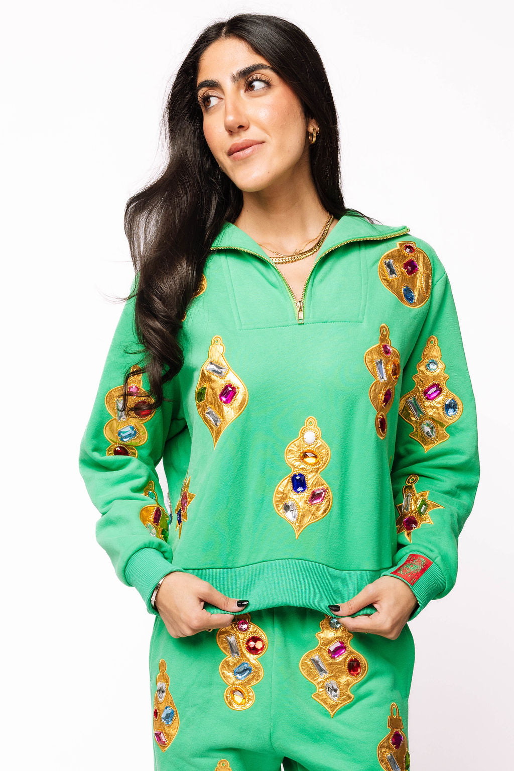 Green & Gold Jeweled Ornament Collar Sweatshirt