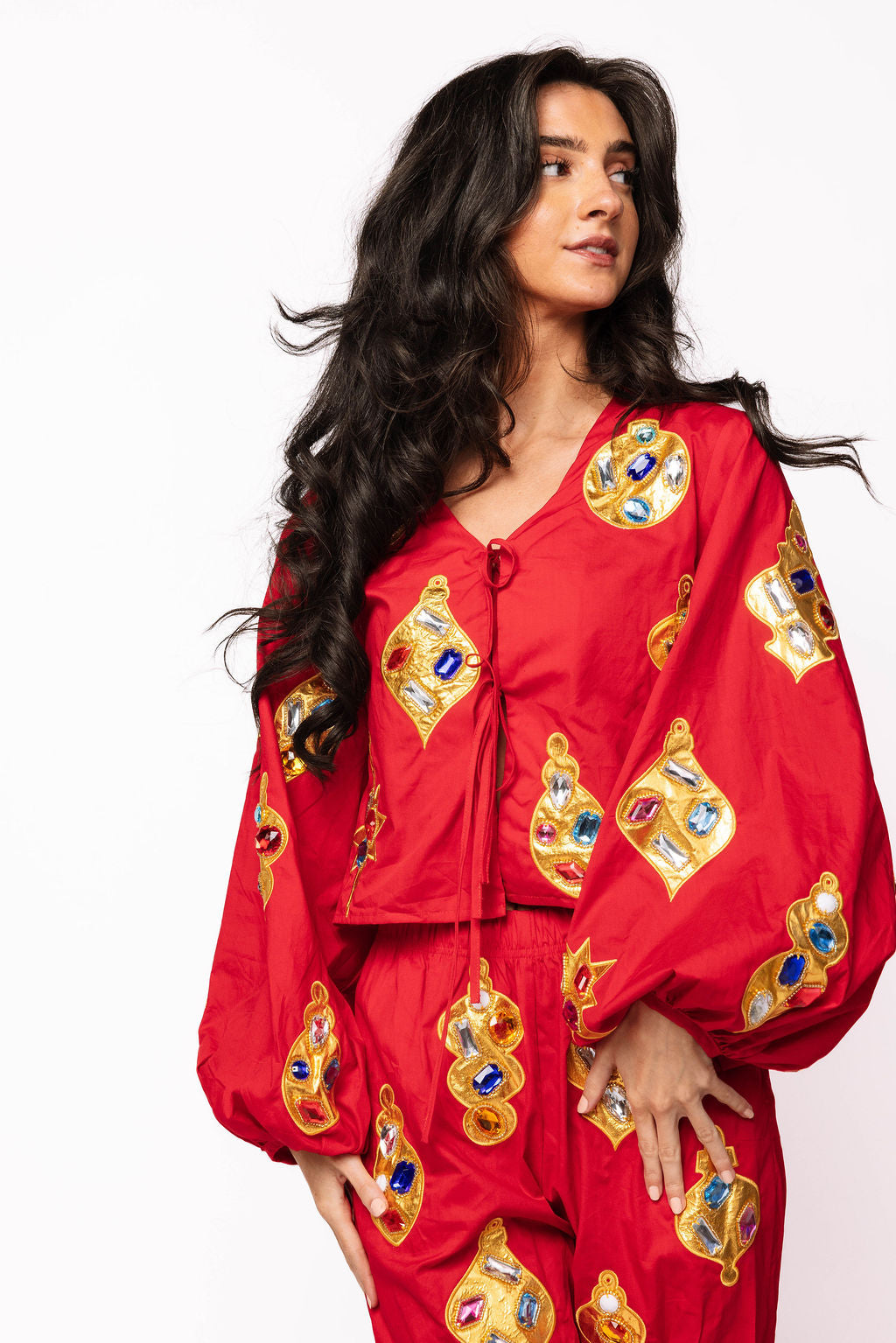 Red & Gold Jeweled Ornament Cotton Tie Up Top