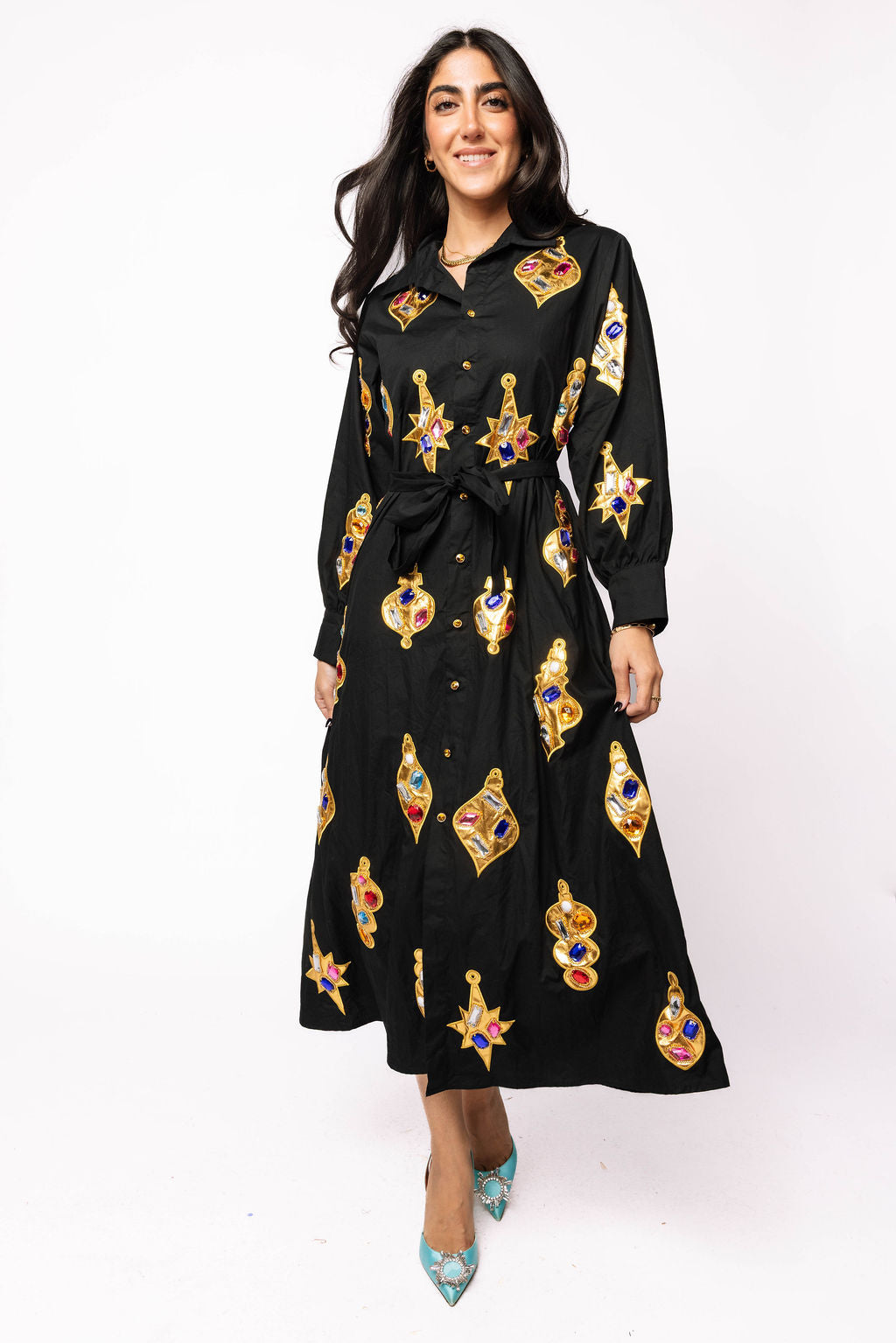 Black & Gold Jeweled Ornament Cotton Tie Midi Dress