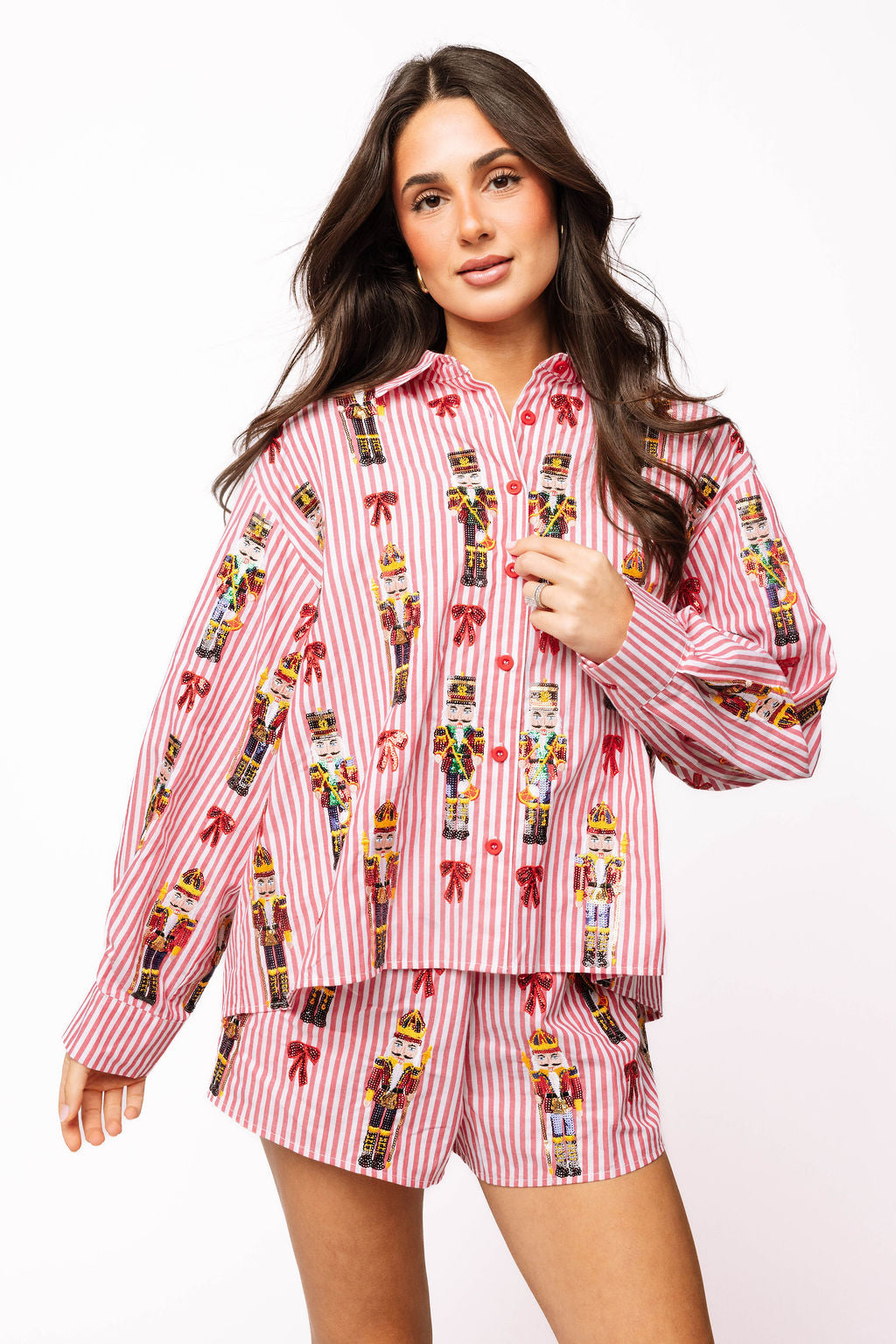 Red Stripe Scattered Nutcracker & Bow Cotton Button Up Top