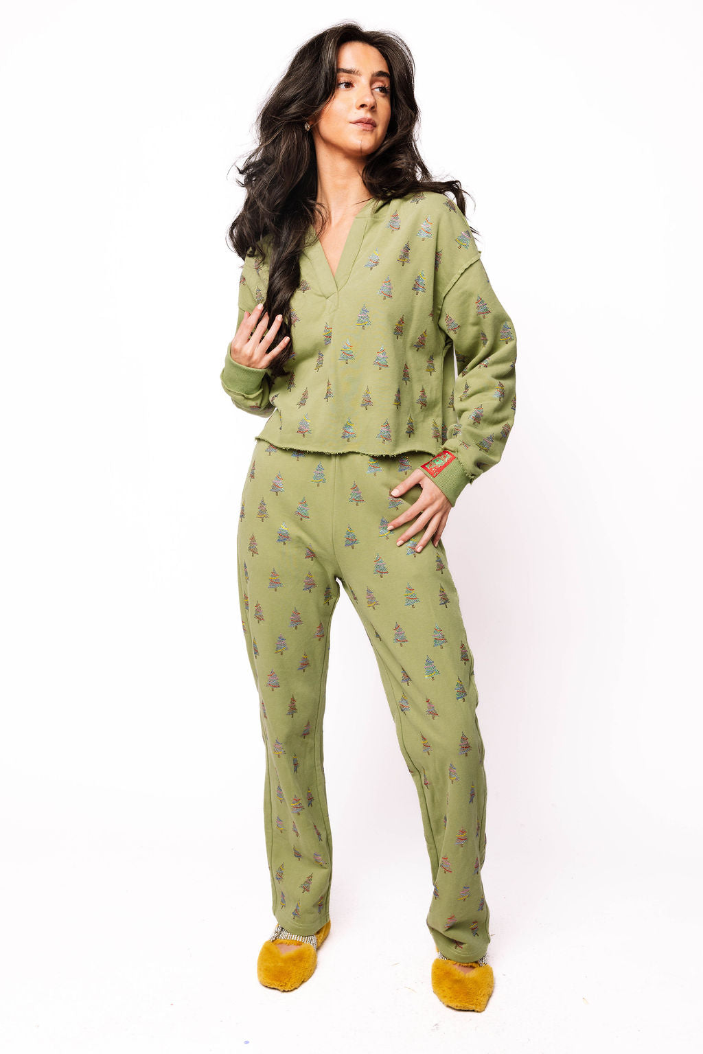 Mossy Green Scattered Multi Christmas Tree Sweatpant