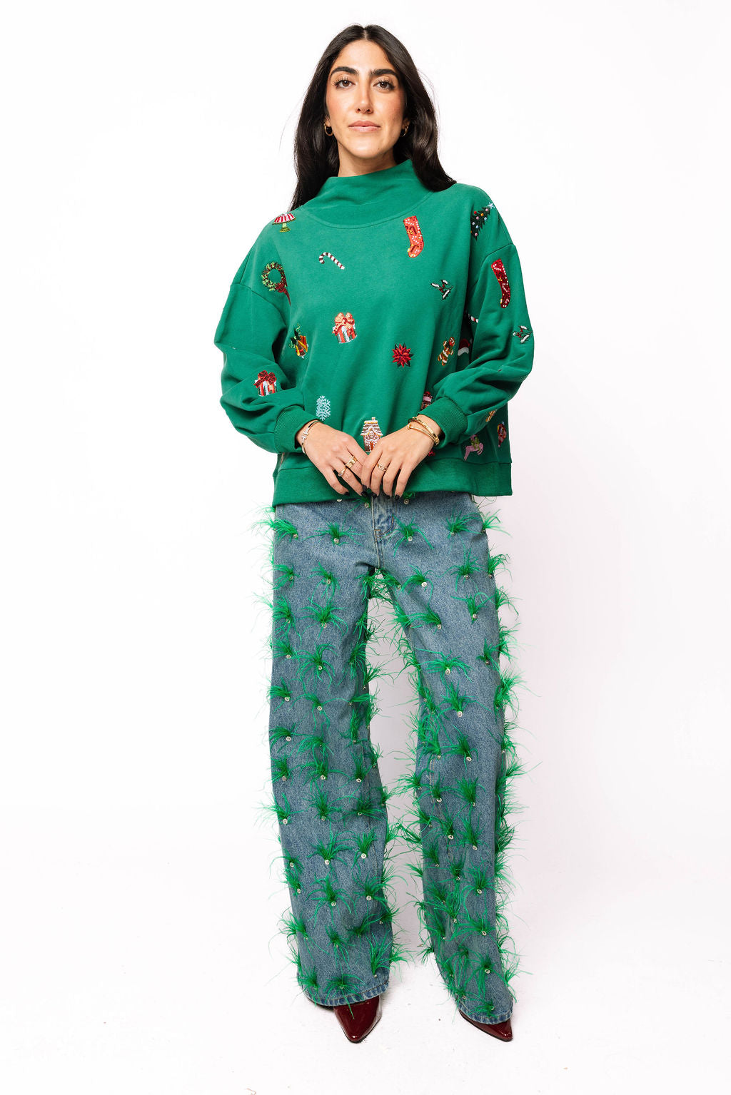 Dark Green Small Christmas Icon Mock Neck Sweatshirt