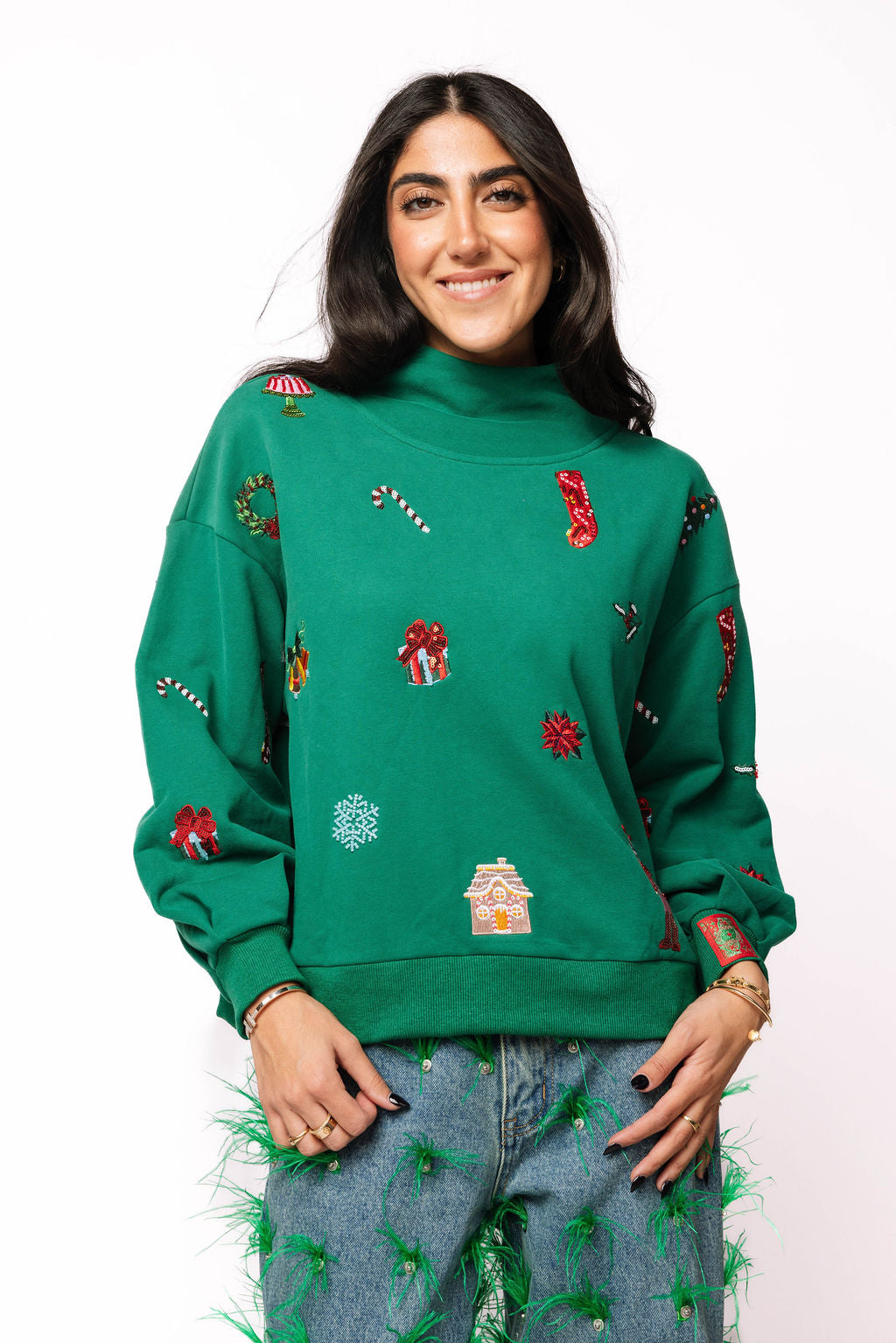 Dark Green Small Christmas Icon Mock Neck Sweatshirt