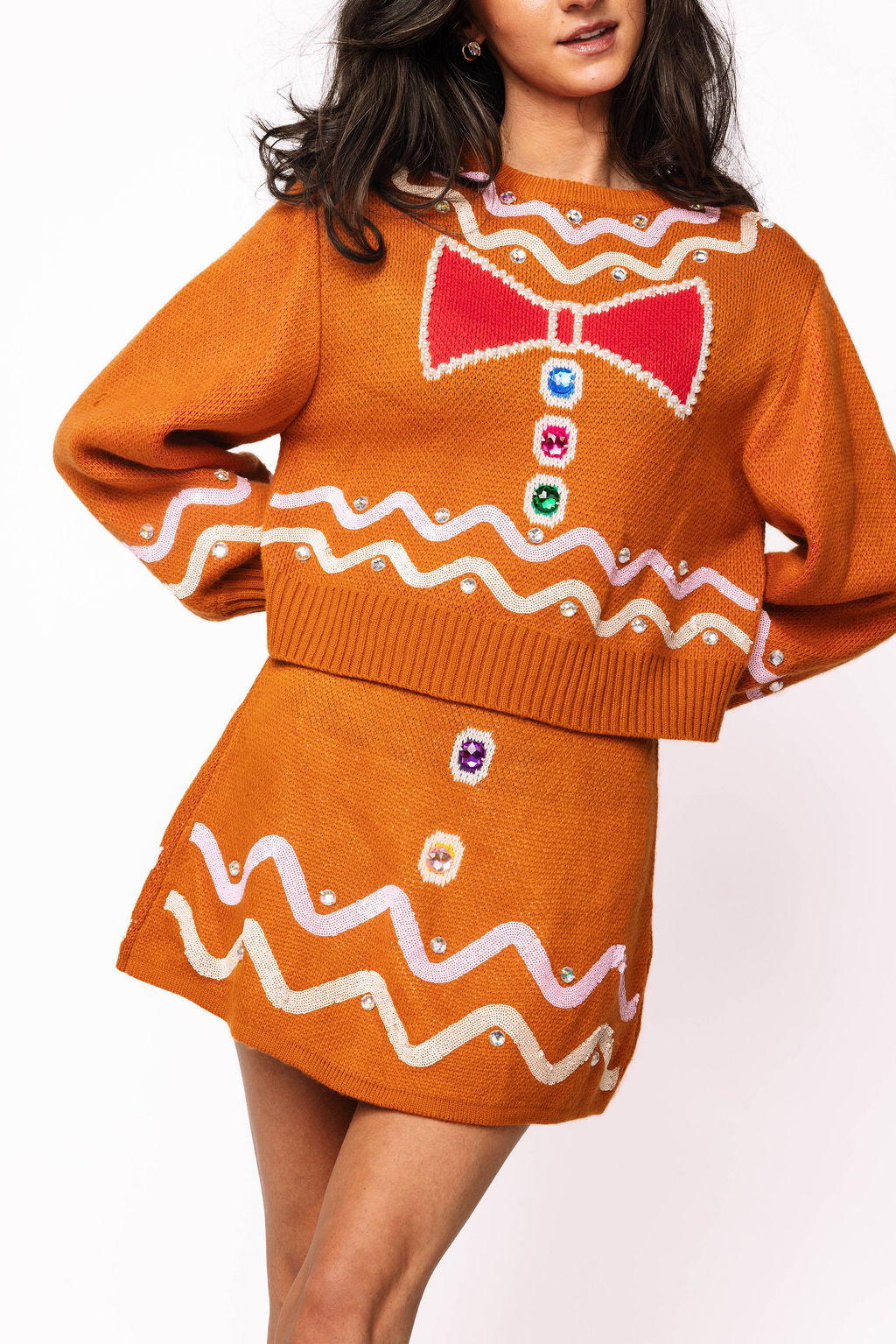 Brown Gingerbread Man Jewel Bow Tie Sweater