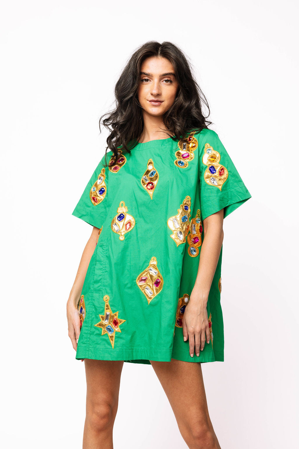 Green & Gold Jeweled Ornament Cotton Short Sleeve Dress