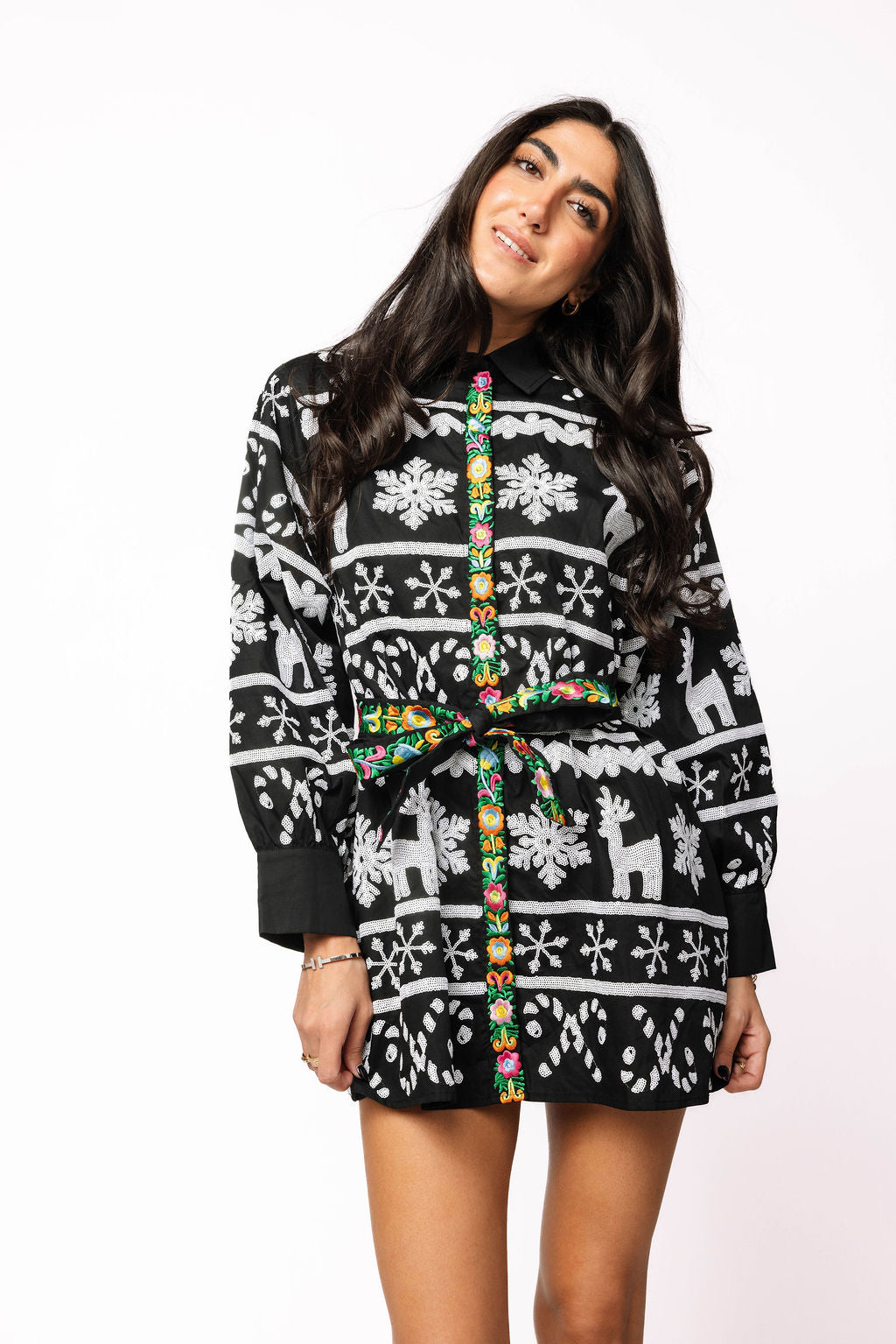 Black & White Nordic Reindeer & Snowflake Multi Trim Tie Dress