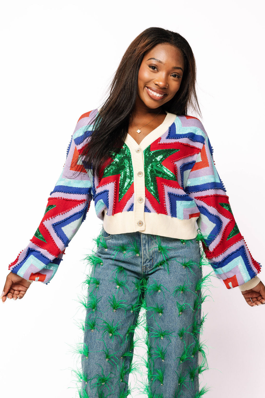 Cream, Red, Green, Blue & Purple Starburst Cardigan