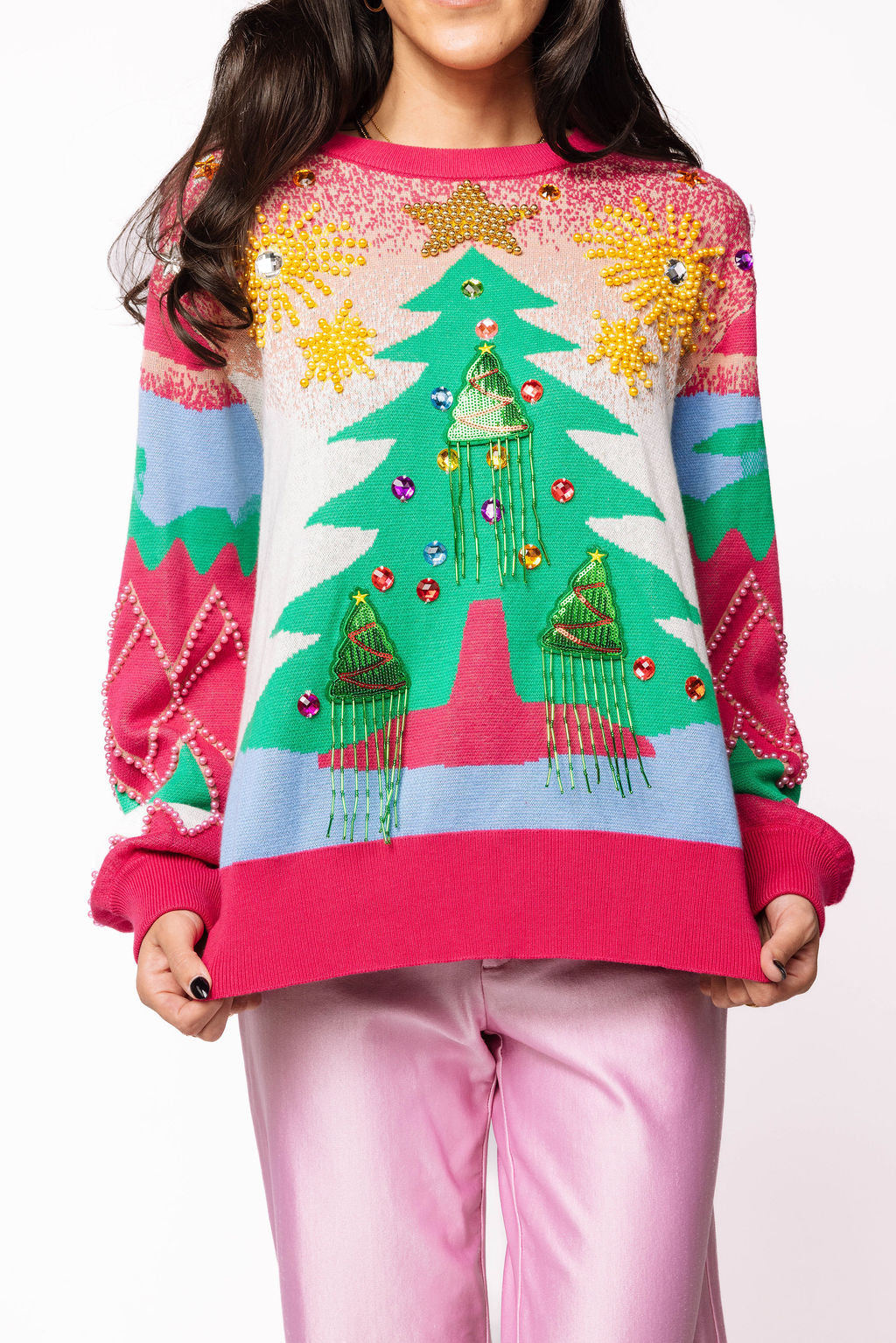Multi Pearl Fringe Christmas Tree Sweater