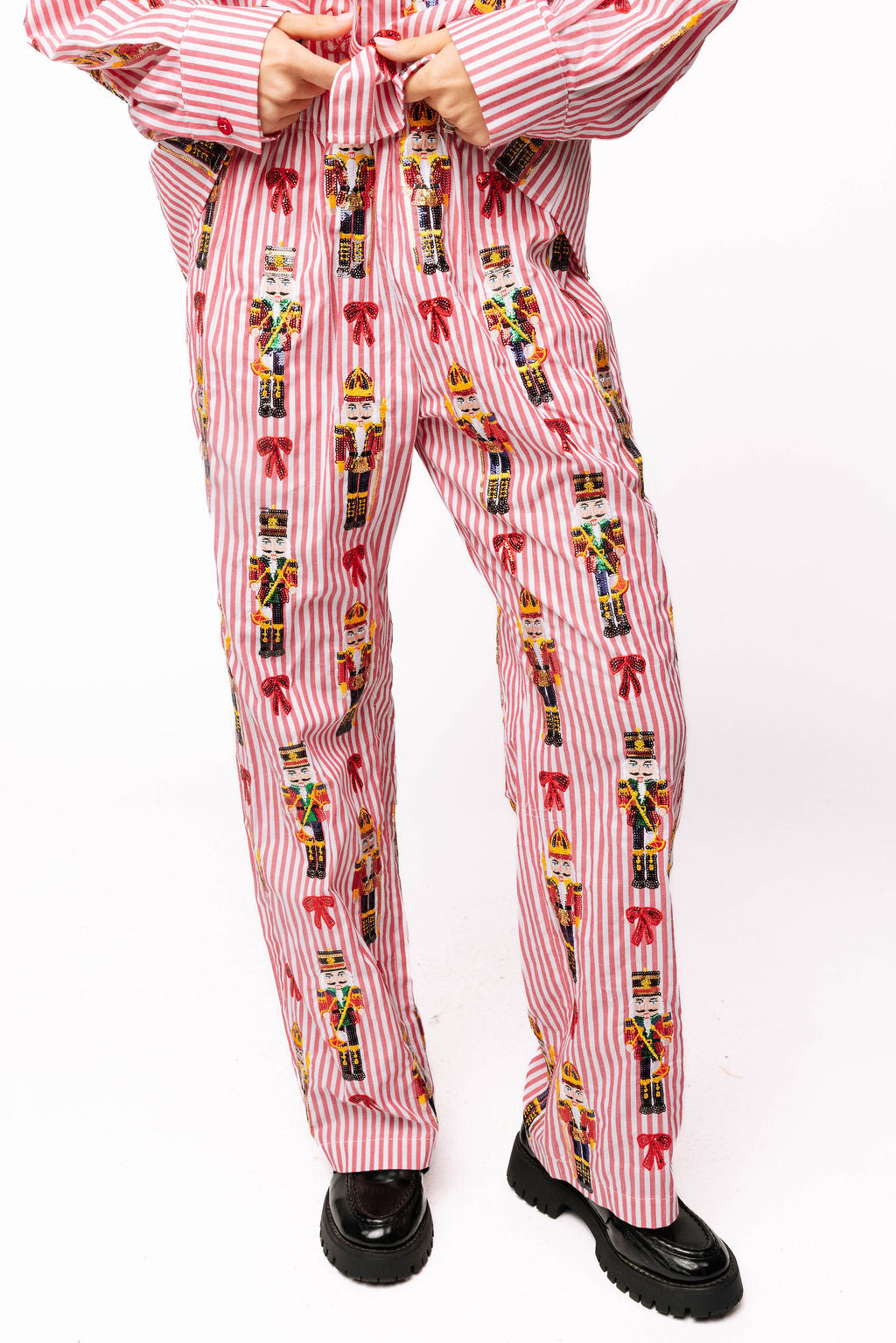 Red Stripe Scattered Nutcracker & Bow Cotton Pant