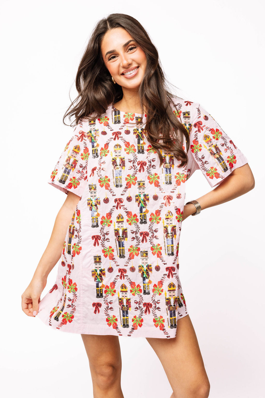 Light Pink Cotton Nutcracker & Candy Cane Short Sleeve Dress