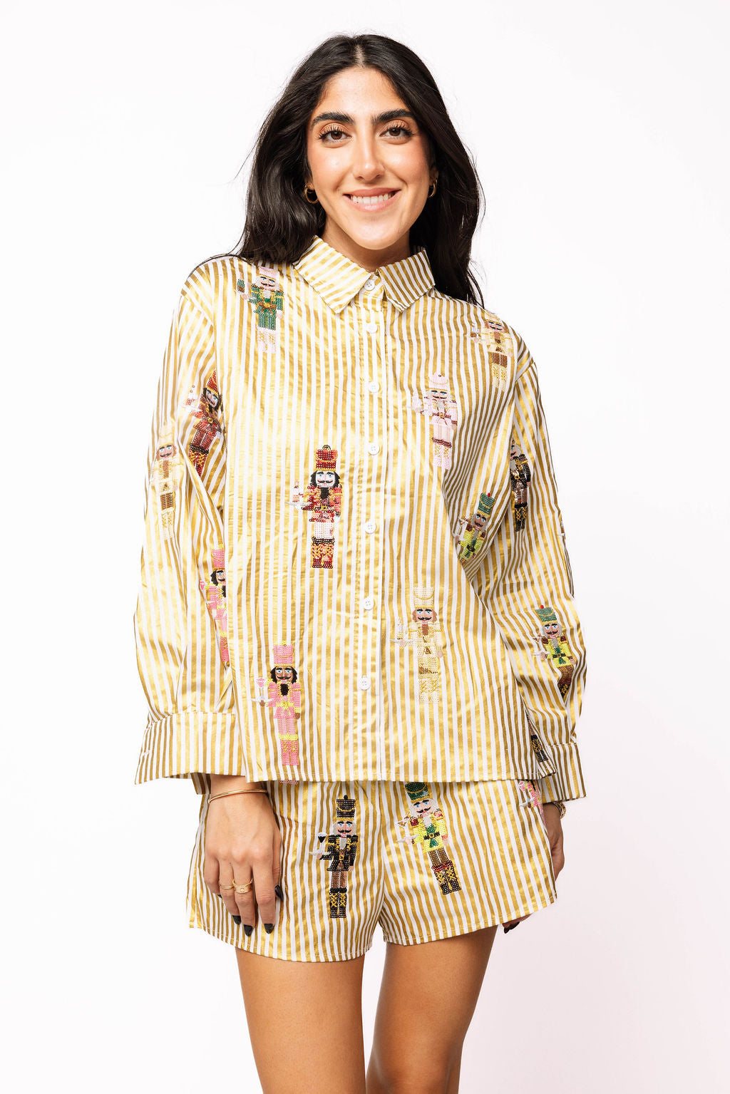 Gold Metallic Stripe Cocktail Serving Nutcracker Button Up Top
