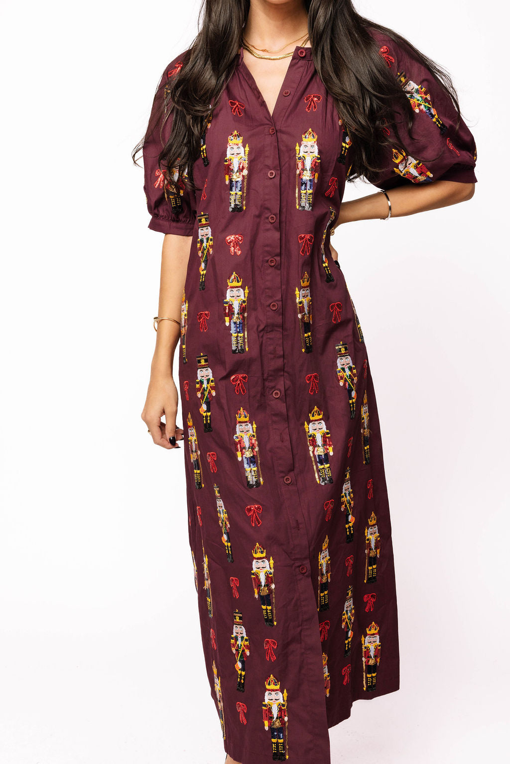 SAMPLE- Maroon Nutcracker & Candy Midi Dress