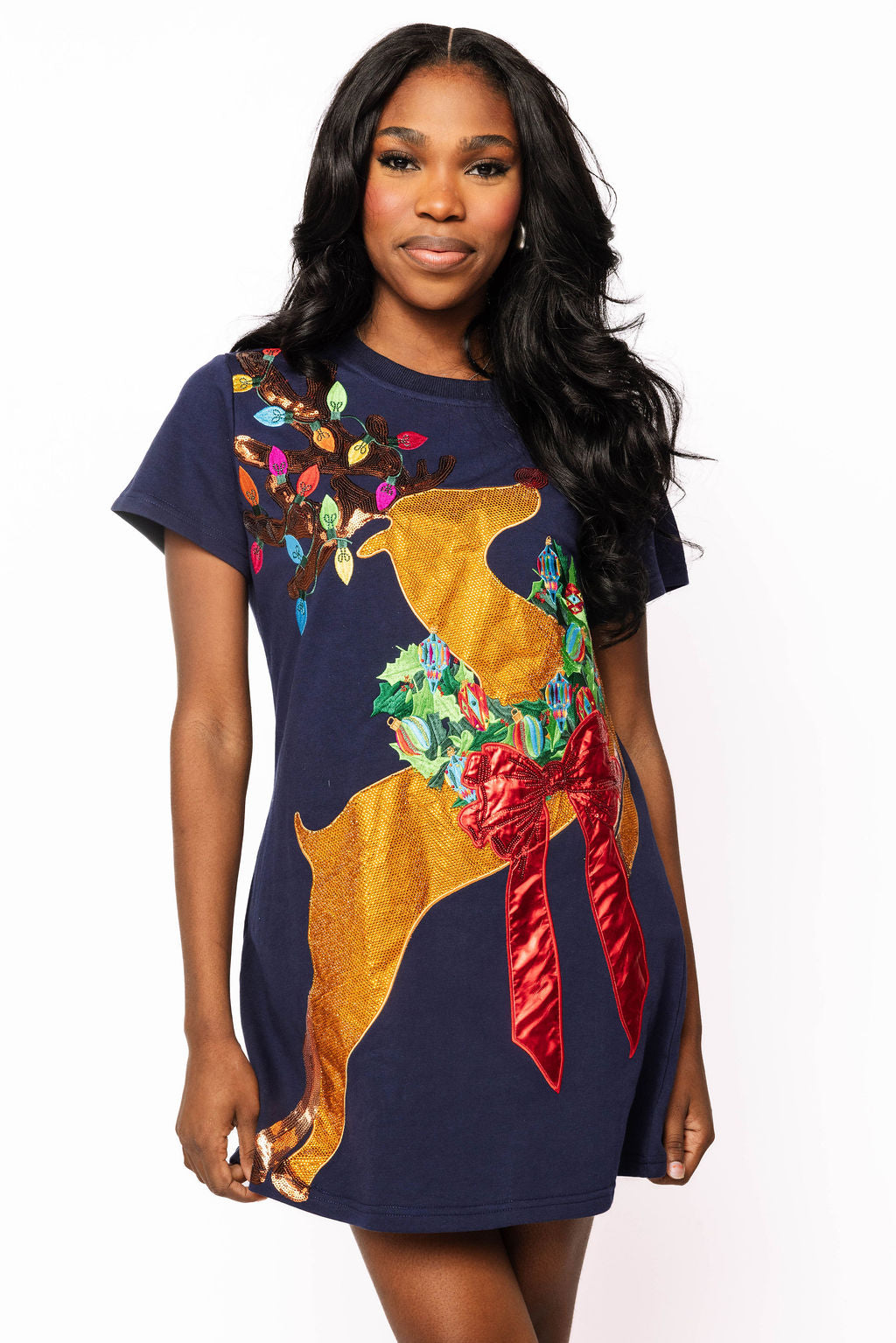 Navy Rhinestone Rudolph Wearing A Wreath Tee Dress