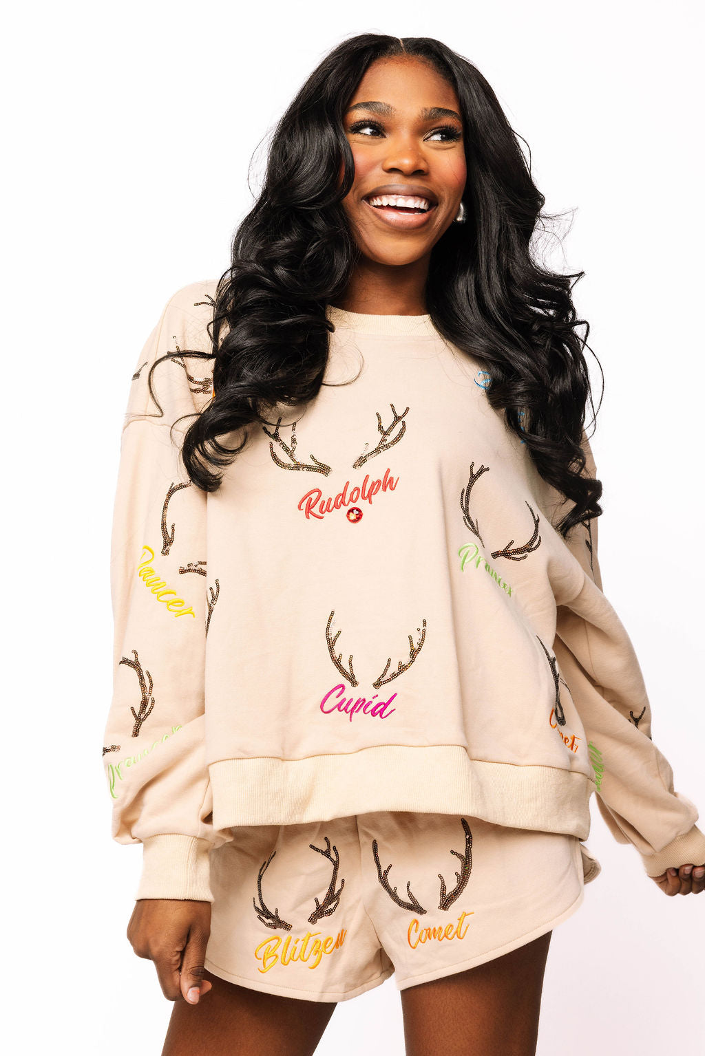 Tan Reindeer Name & Antlers Sweatshirt