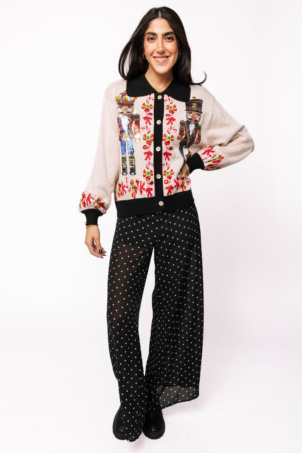 Black Trim Collar Nutcracker & Candy Cane Button Up Cardigan